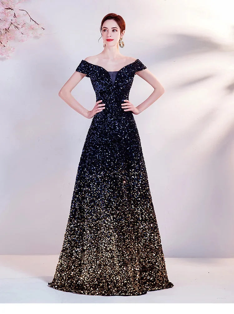 One Shoulder Evening Gown New Gradient Black Annual Party Stage Performance Host Walking Fish Tail Dress for Women 2026