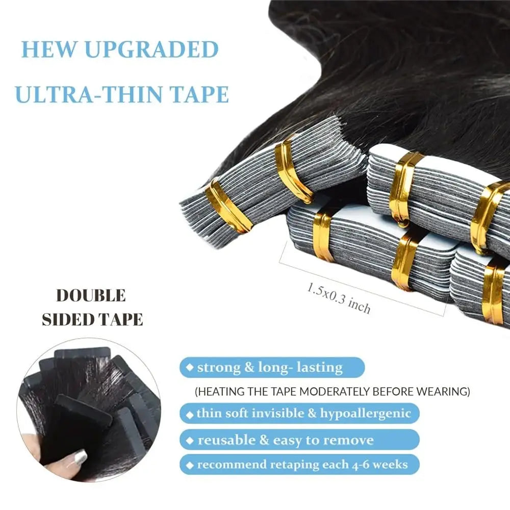 Body Wave Tape in Hair Extensions 100% Real Human Hair Extensions #1B Natural Black Invisible Tape in Hair Extensions 20pcs 26in