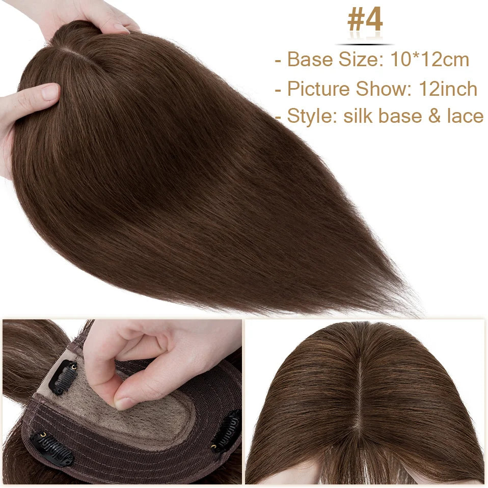 S-noilite Natural Hair Topper Wig for Women 10x12cm with Silk Base 3.5x9cm Human Hair Piece with Bangs Hair Clip Included