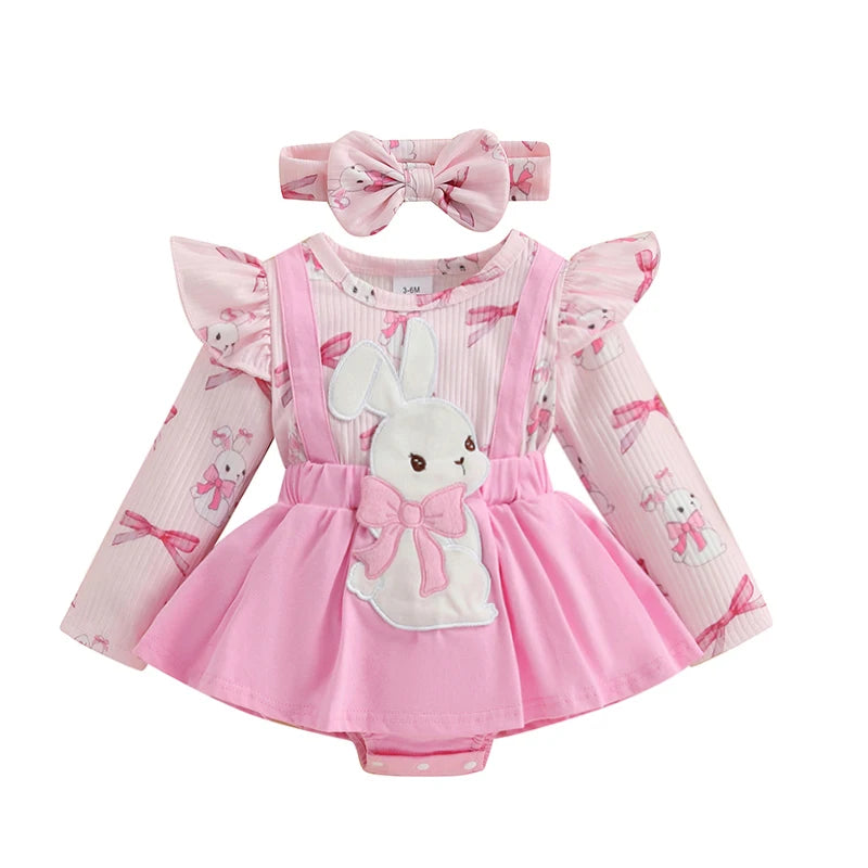 Adorable Baby Girls Easter Outfit Set with Bunny Embroidery Romper Dress Skirt Bodysuit Jumpsuit and Headband