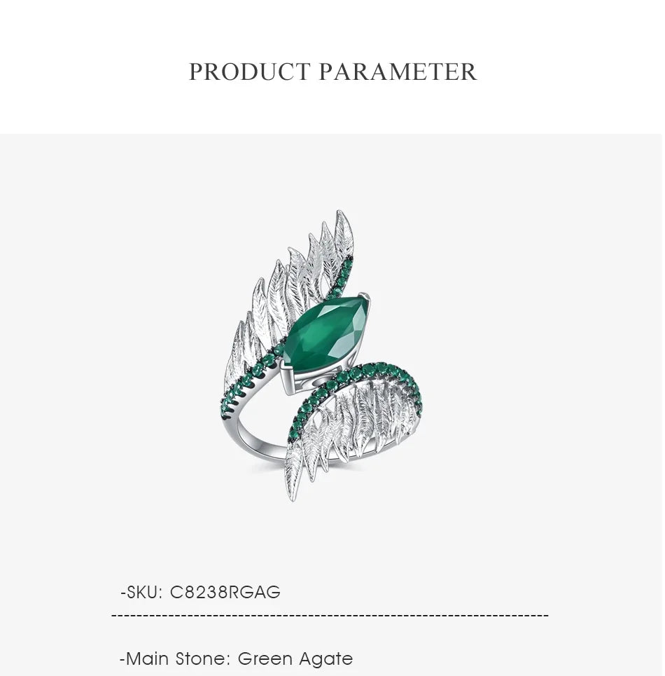 GEM'S BALLET Indian Style 925 Sterling Silver Female Rings For Women Green Agate Feather Finger Ring Sterling Silver Jewelry