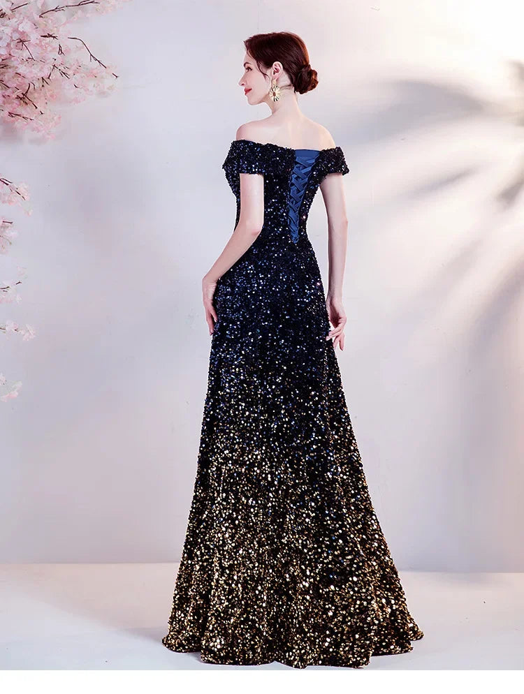 One Shoulder Evening Gown New Gradient Black Annual Party Stage Performance Host Walking Fish Tail Dress for Women 2026