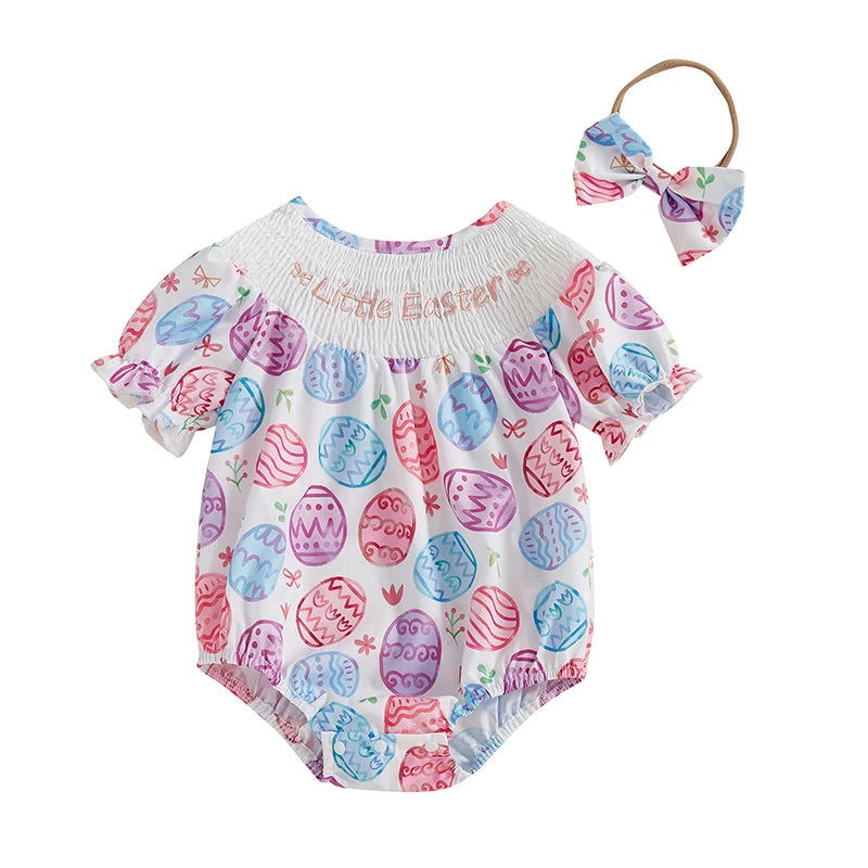 Adorable Infant Easter Jumpsuit with Cute Bunny Embroidery Short Sleeves Round Neck and Matching Bow Headband