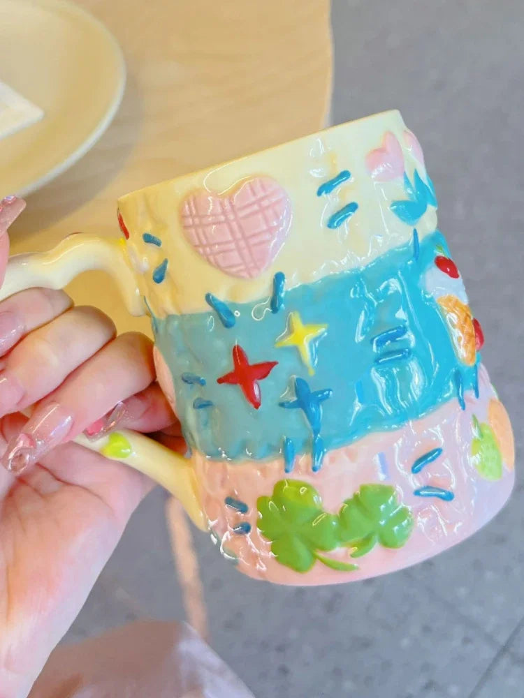 500 ML Large Capacity Coffee Mug Household High Beauty Cute Ceramic Breakfast Milk Cup Creative Relief Water Cups Birthday Gift