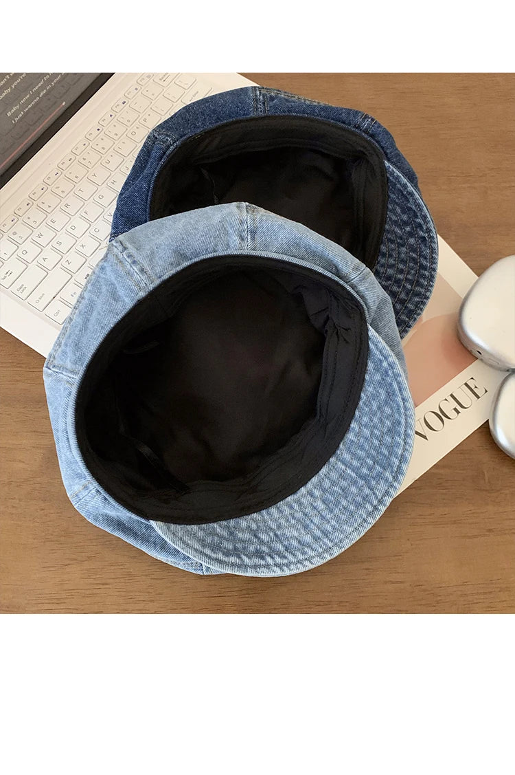 Japanese Retro Denim Cloud Berets Cap for Women Spring and Summer Casual Versatile Simple Literary Style Octagonal Newsboy Hat