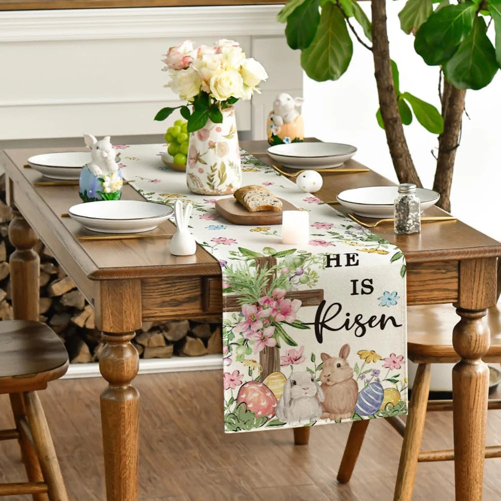 Easter Bunny Linen Table Runner Easter Rabbit Table Runner Bunny Dining Table Cloth Placemat for Kitchen Dining Table Decor