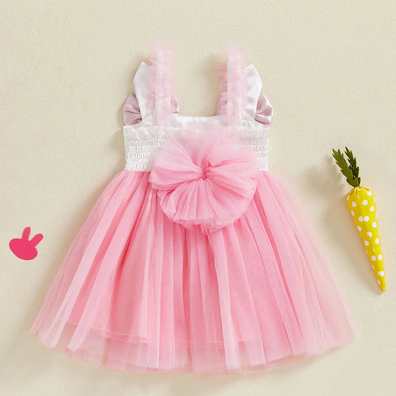 Adorable Baby Girls Easter Outfit Sleeveless Bunny Print Suspender Dress with Tulle Skirt for Spring and Summer Celebrations