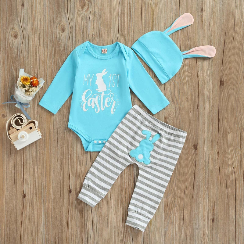 Adorable Infant Easter Outfit 3-Piece Bundle Cute Bunny Print Bodysuit Matching Striped Bottoms Bunny Ear Beanie