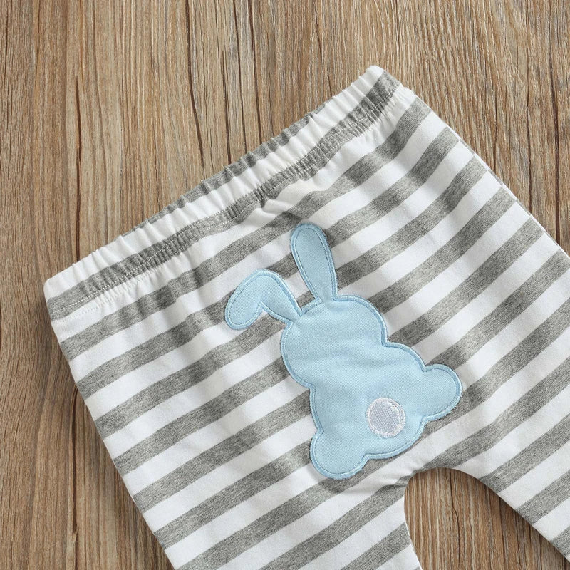 Adorable Infant Easter Outfit 3-Piece Bundle Cute Bunny Print Bodysuit Matching Striped Bottoms Bunny Ear Beanie