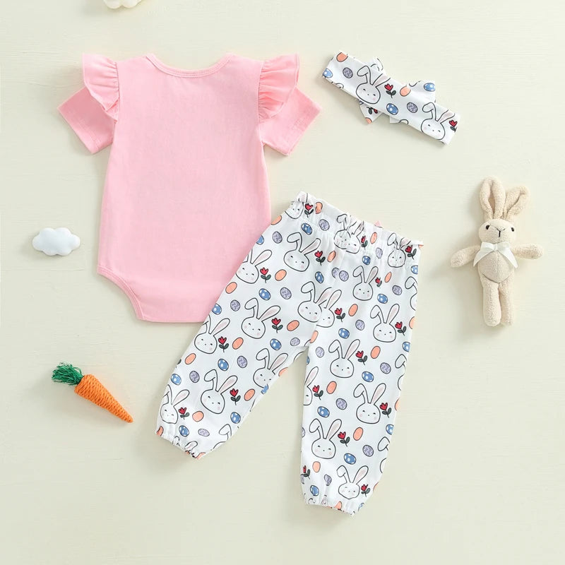 Adorable Baby Girl Easter Outfit Set with Letter Print Romper Bunny Print Pants and Matching Headband - 3 Piece Ensemble