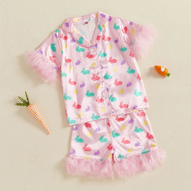 Easter 2-Piece Pajama Set with Short Sleeve Lapel Bunny Print Shirt and Shorts for Comfortable Sleepwear