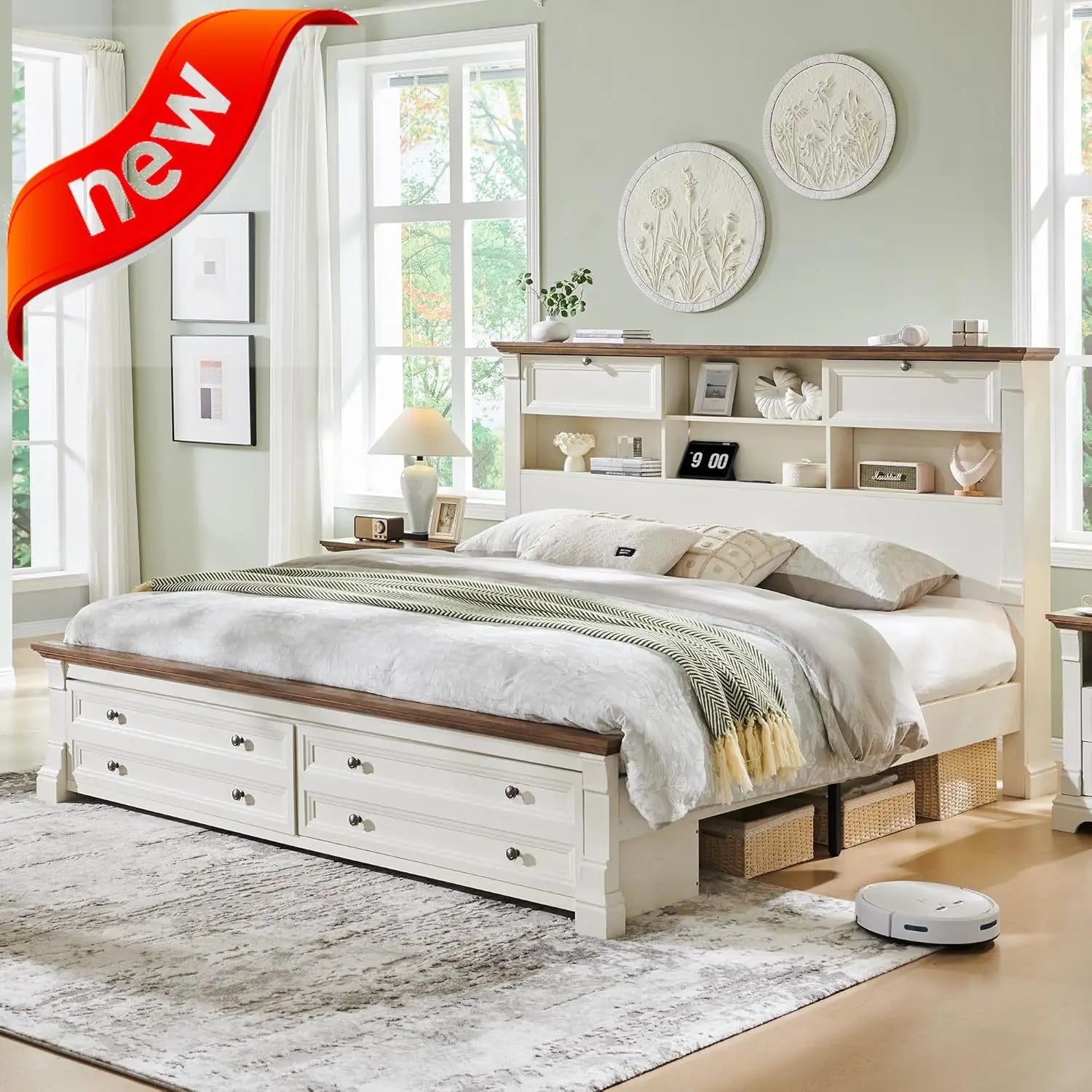 Farmhouse King Size Bed Frame with 54" Tall Storage Bookcase Headboard, Wood Platform Bed Frame(Antique White)