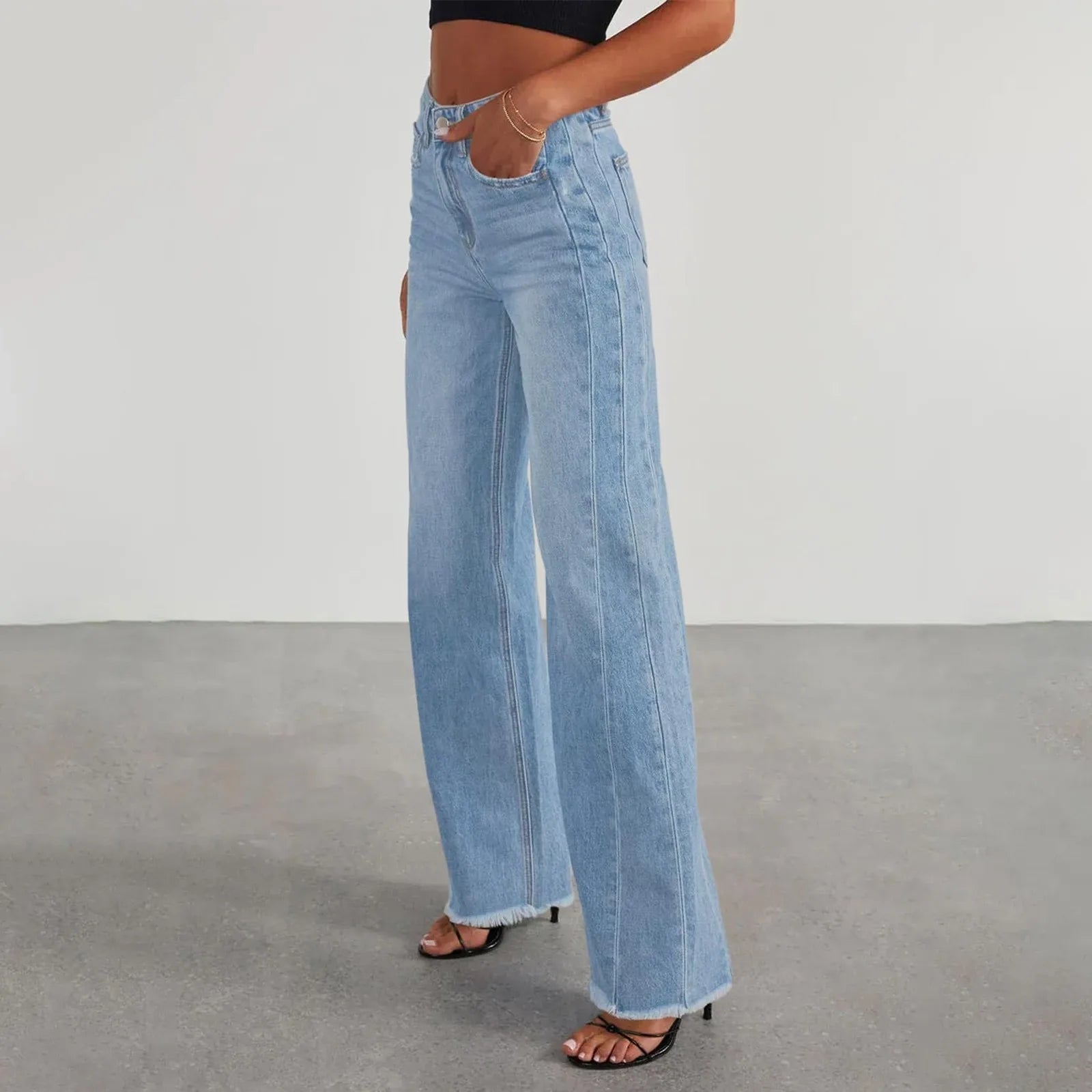 Retro High Waist Straight Leg Jeans Women's Fashion Cross-Border Frayed Hem New Style Side Seam Patchwork Distressed