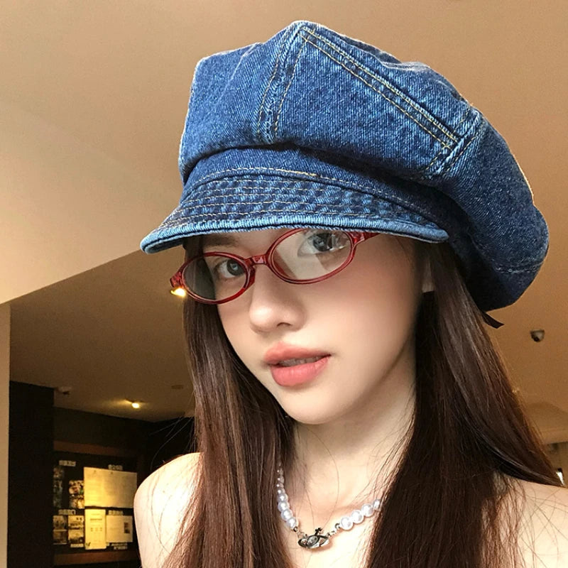 Japanese Retro Denim Cloud Berets Cap for Women Spring and Summer Casual Versatile Simple Literary Style Octagonal Newsboy Hat