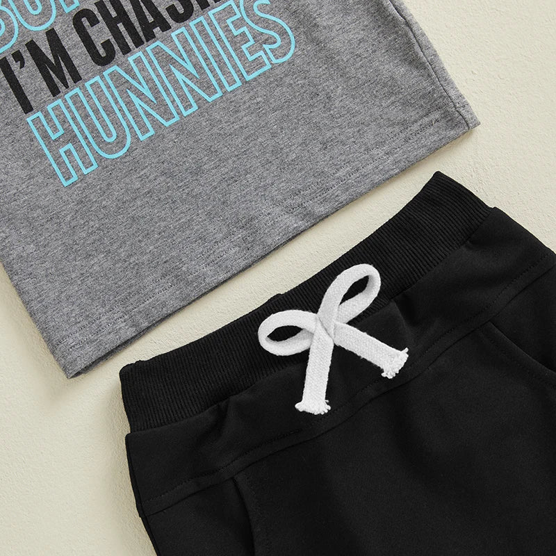 Cute Boys Easter Outfits with Letter Print Round Neck Short Sleeve T-Shirts and Elastic Waist Shorts - 2 Piece Clothing Set for