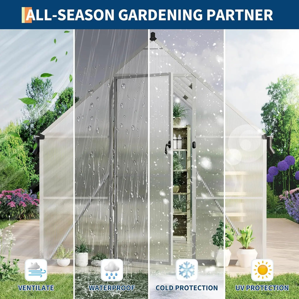 8ft X 12ft Aluminum Frame Polycarbonate Greenhouse with Roof Vents, Large Reinforced Aluminum Greenhouse Kit