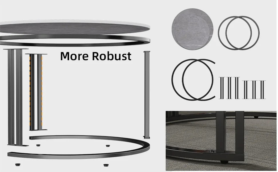 Circle Nesting Coffee Table Set of 2, Modern Chic Round Nested Center Coffee Table with Sinter Stone-top Stacked Sofa Side Table