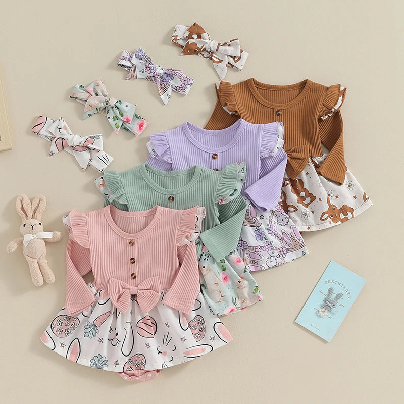 Toddler Easter Dress Short Sleeve Floral Print A-line Romper with Bunny Ear Headband Set for Baby Girls Spring Outfit