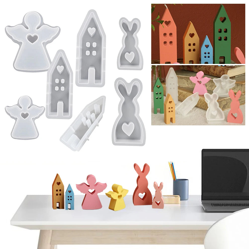 7Pcs Easter Silicone Molds House Rabbit Angel Resin Molds Casting Moulds for DIY Candle Candy Chocolate Soap