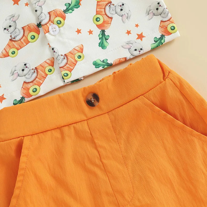 Toddler Boy Easter Outfit Bunny Rabbit Print Short Sleeve Button-up Shirt with Bowtie and Solid Shorts 2 Piece Set - Spring