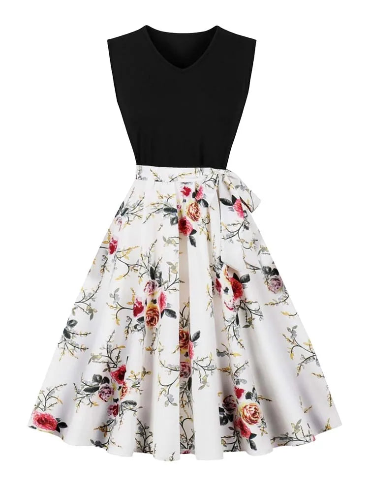 Retro Vintage Women's Summer Dress V-Neck Sleeveless High Waist Chic Floral Print with Belt 50s Style