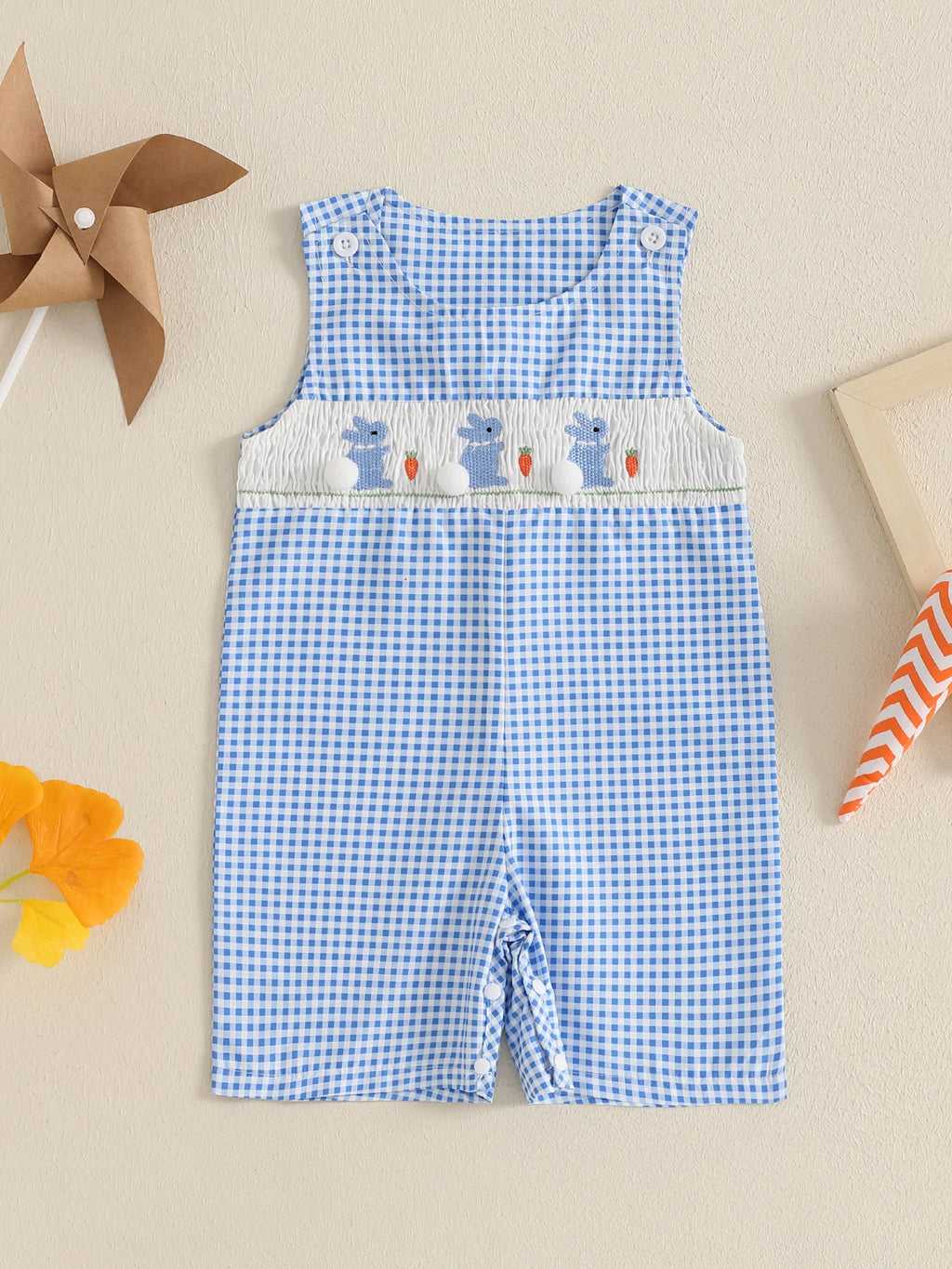 Adorable Toddler Girls Easter Outfits Bunny Print Sleeveless Rompers Plaid Overalls Jumpsuits with Carrot Embroidery