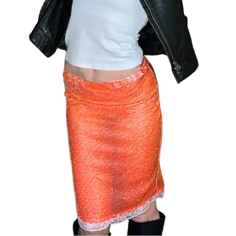hirigin Women's Fashion Midi Skirts Sequins Lace Trim Low Waist Skirts Summer Fashion Bodycon Skirts Dress Y2K Streetwear
