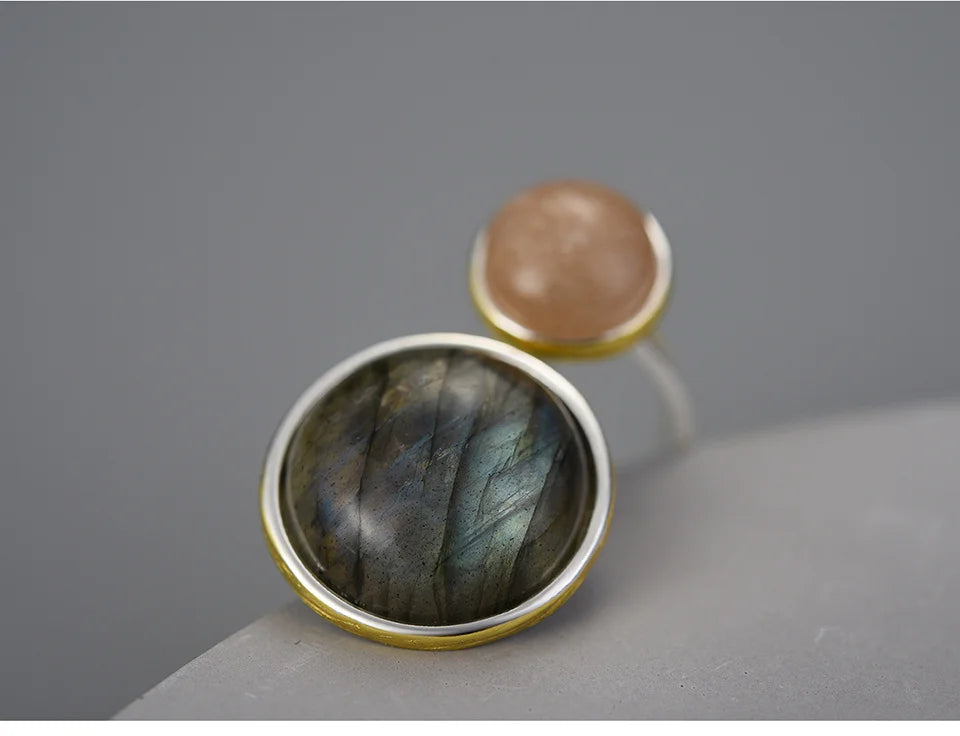 Lotus Fun Real 925 Sterling Silver Natural Labradorite Moonlight Gemstones Ring Fine Jewelry Mysterious Lake Rings for Women