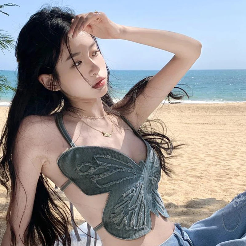 Women Summer Tank Tops, 3D Butterfly Shaped Halter Neck Sleeveless Self Tie Backless Crop Tops for Ladies