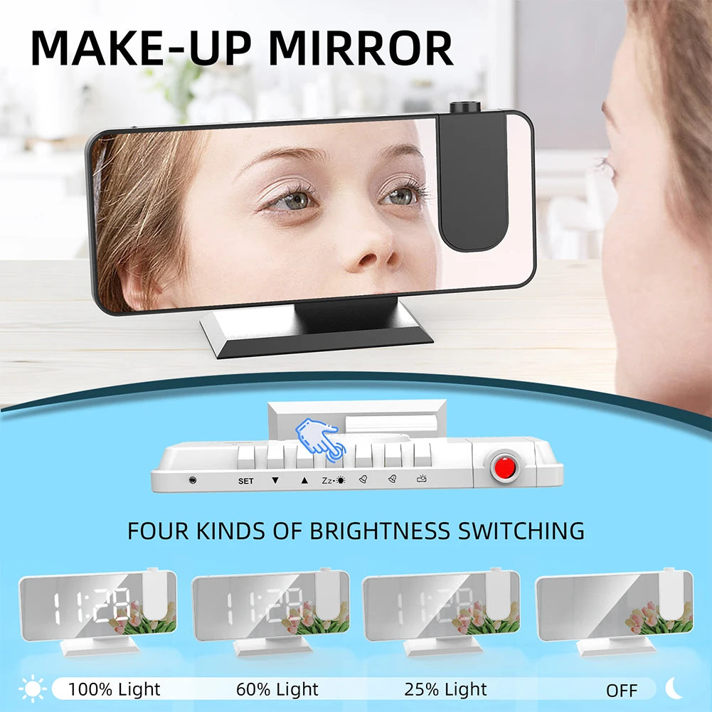 Digital Projection Alarm Clock Large LED Display 180° Rotatable Projector & Dimmer 12/24H DST With Time Temperature for Home Bed