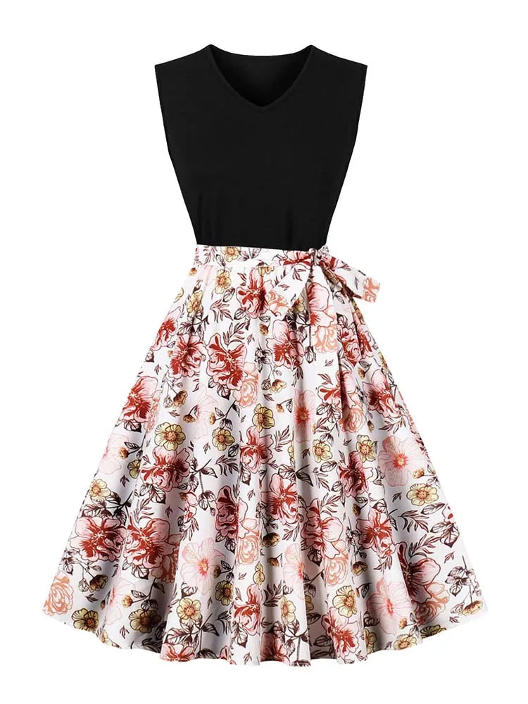 Retro Vintage Women's Summer Dress V-Neck Sleeveless High Waist Chic Floral Print with Belt 50s Style