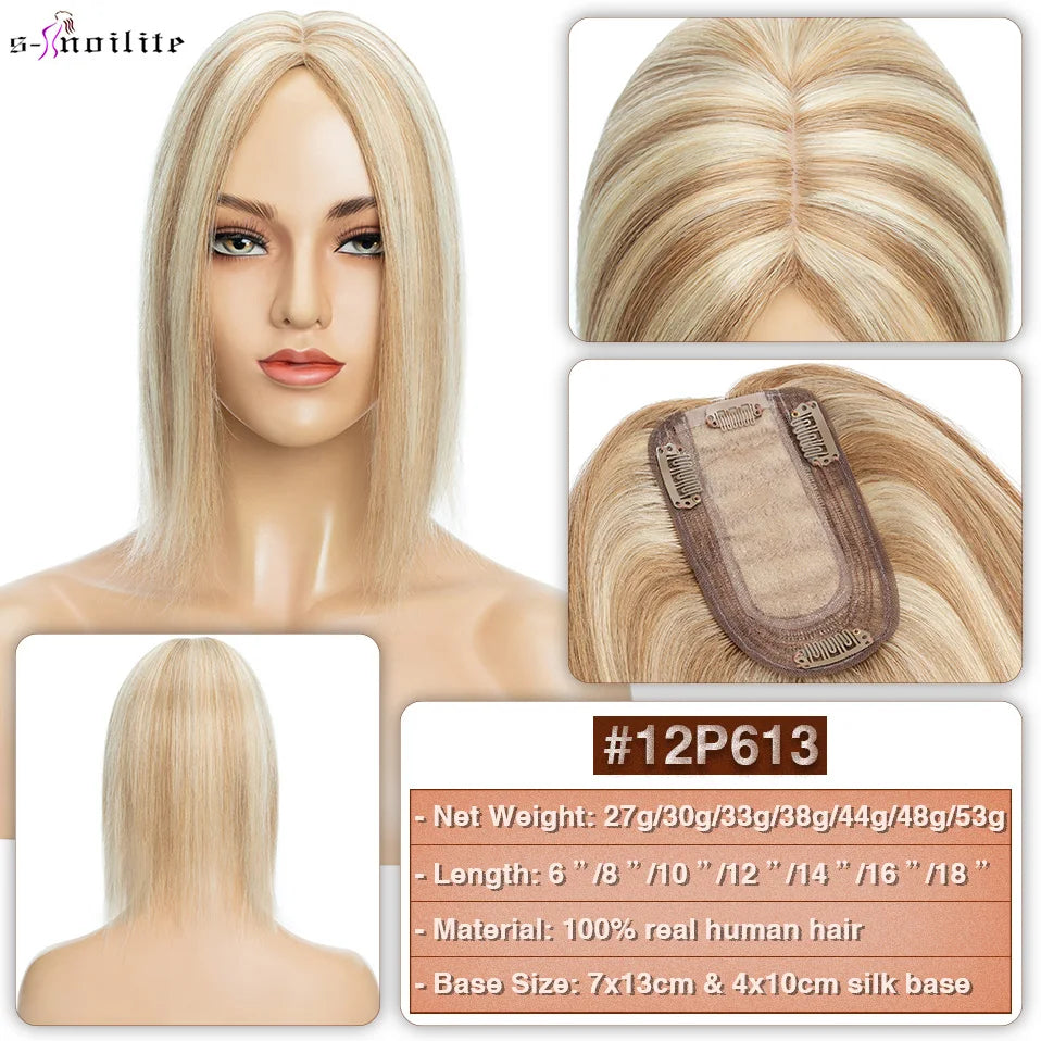 S-noilite 7x13cm Hair Toppers Human Hair For Women Natural Hair Topper Wigs Women Topper Silk Base Hair Clip In Hair Extensions