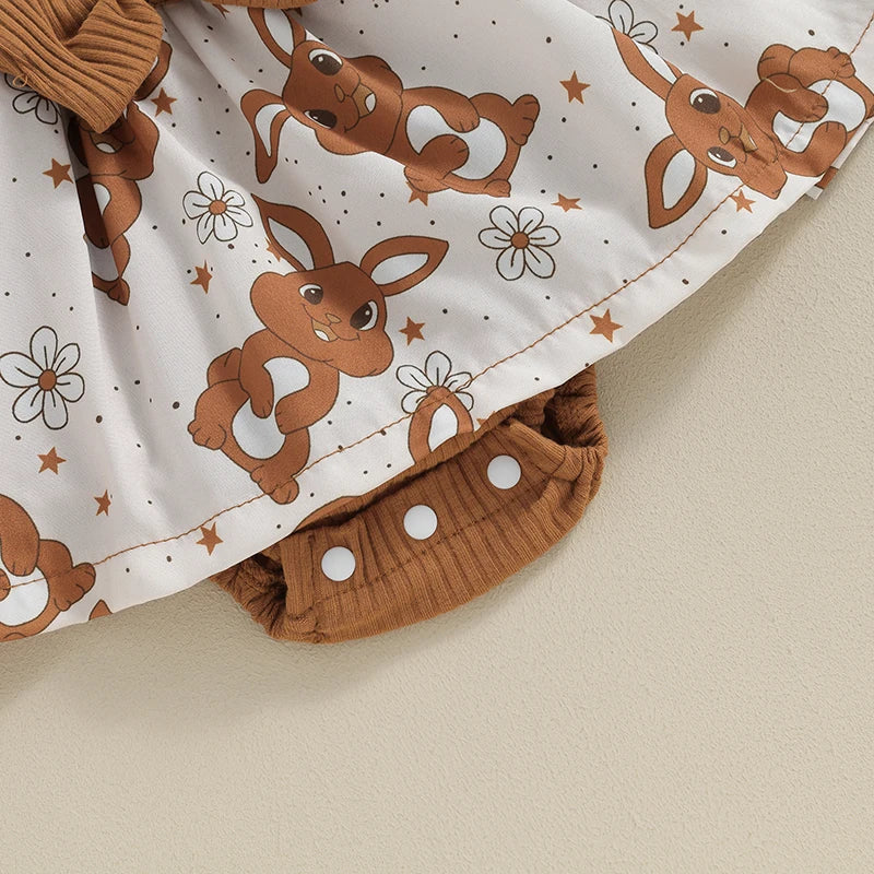 Toddler Easter Dress Short Sleeve Floral Print A-line Romper with Bunny Ear Headband Set for Baby Girls Spring Outfit