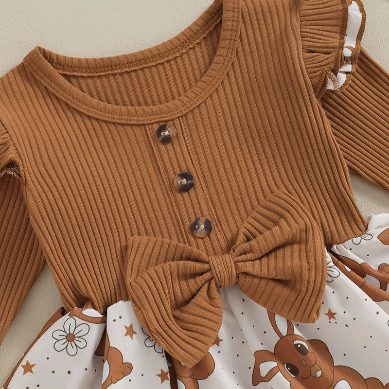 Toddler Easter Dress Short Sleeve Floral Print A-line Romper with Bunny Ear Headband Set for Baby Girls Spring Outfit