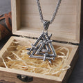 Stainless Steel Sword Valknut Necklace Packed by Wooden Box as Gift - Perfect Viking Jewelry for Men