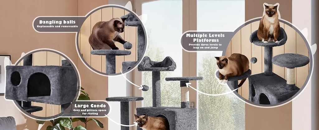 54in Cat Tree, Multi-Level Cat Tower With Spacious Kitten-ear Perch, 2 Cozy Caves, Scratching Posts, Climbing Ladder, 2 Plush Ba