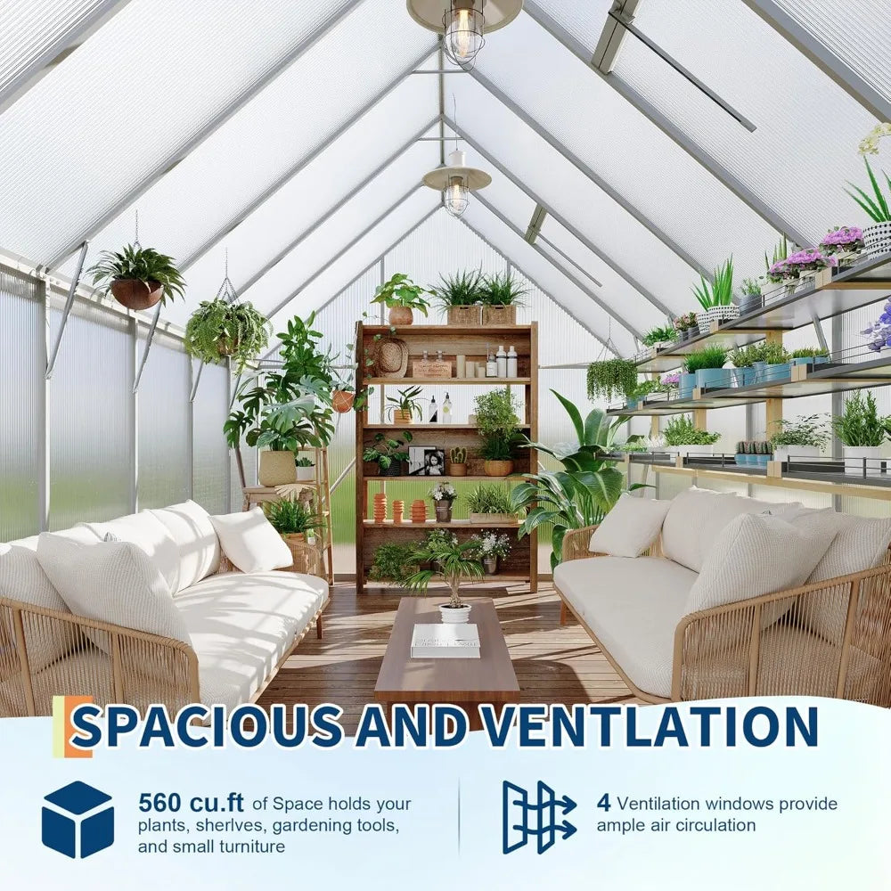 8ft X 12ft Aluminum Frame Polycarbonate Greenhouse with Roof Vents, Large Reinforced Aluminum Greenhouse Kit