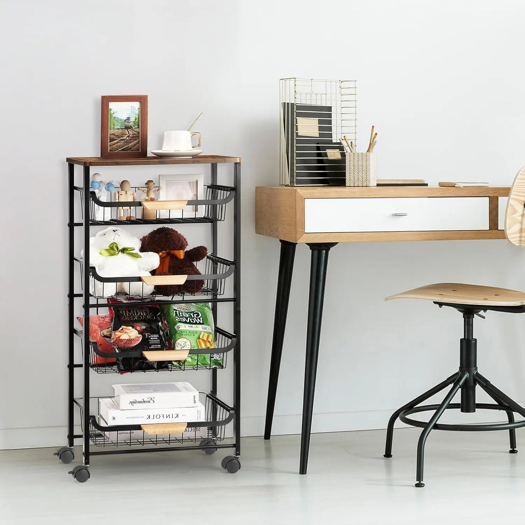 5-Tier Rolling Kitchen Cart with Wooden Top, Metal Mesh Baskets for Fruit Vegetable Storage, Easy Move Wheels