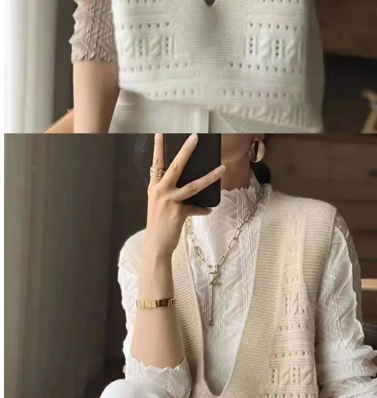 V-Neck Hollowed Out 100% Wool Knitted Vest For Women In AutumnWinter Loose Solid Color Korean Fashion Pullover Sweater Vest Top