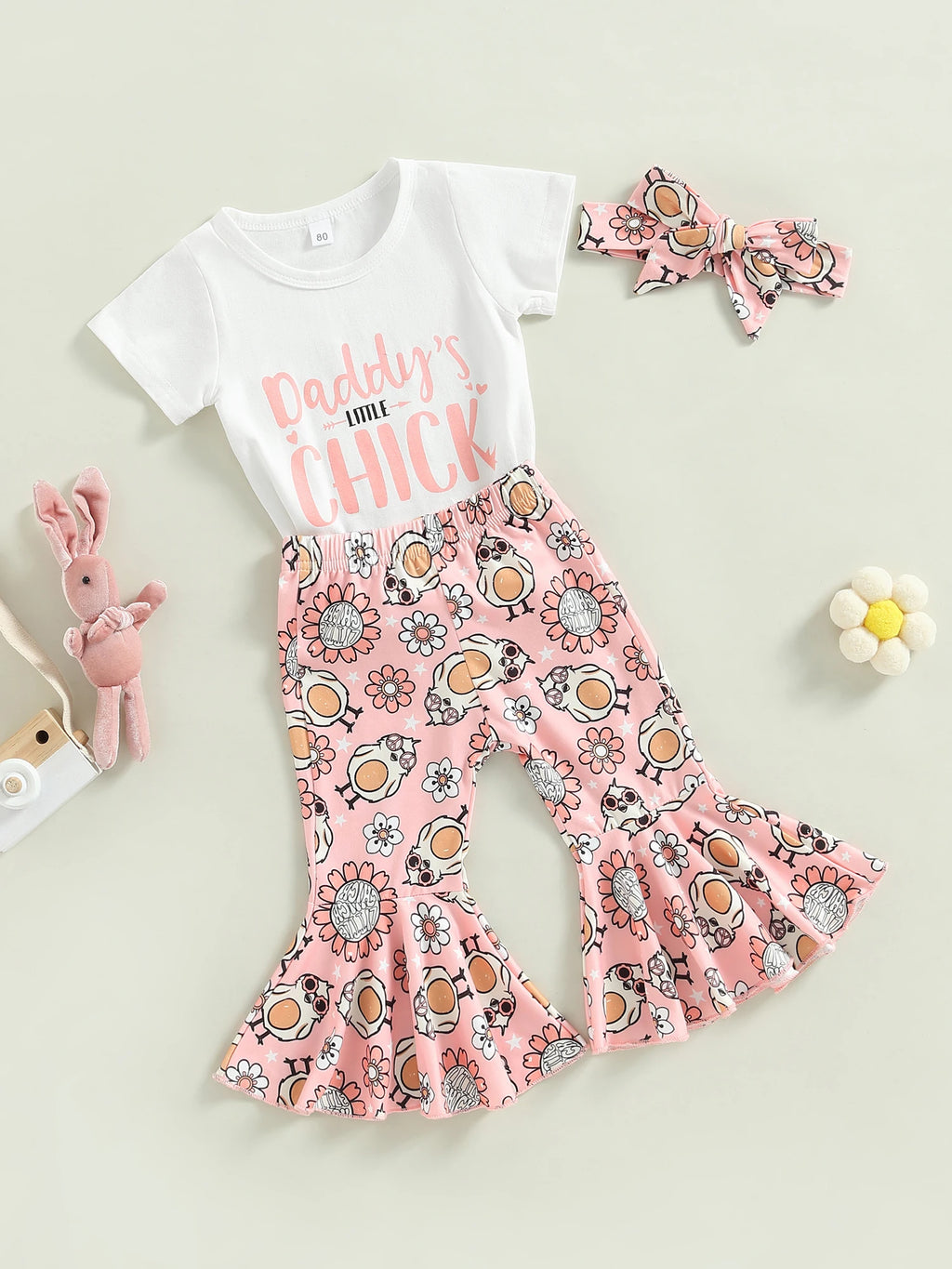 Baby Girls Easter Outfit Sets Pink Ruffle Sleeve Top Bunny Print Leggings Matching Headband and Bow