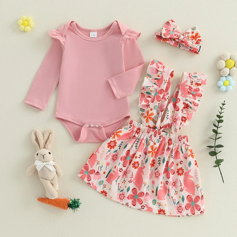 Adorable Infant Easter Ensemble with Bunny Print Suspender Skirt Solid Romper and Matching Headband - 3-Piece Set for Baby
