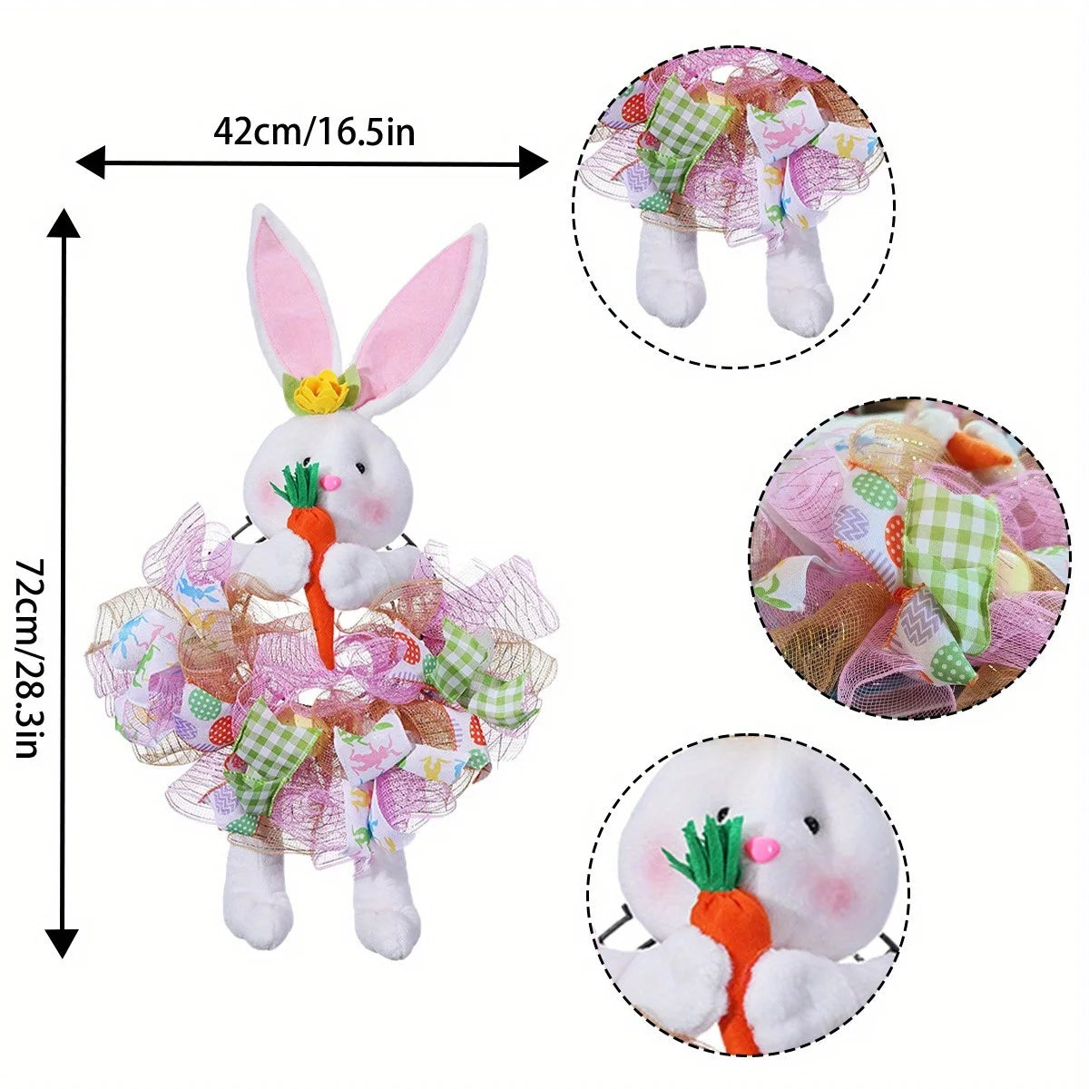 Easter Bunny Wreaths for Front Door, 28.3in Easter Wreath Rabbit Wreaths with Bunny Ears, Legs and Ribbons, Spring