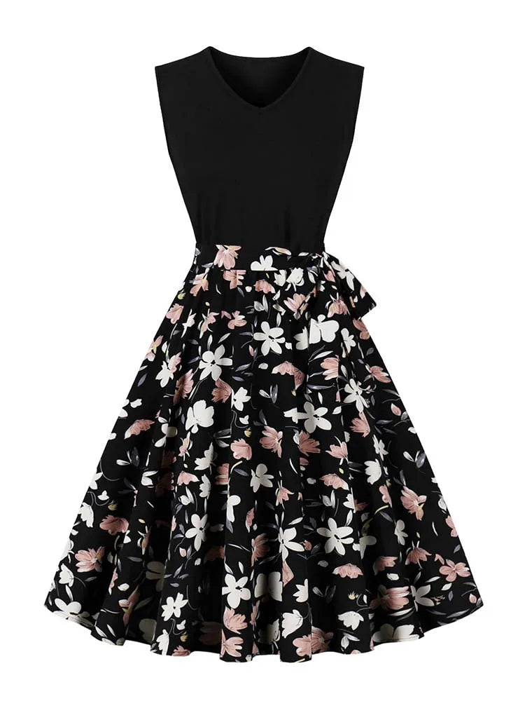 Retro Vintage Women's Summer Dress V-Neck Sleeveless High Waist Chic Floral Print with Belt 50s Style