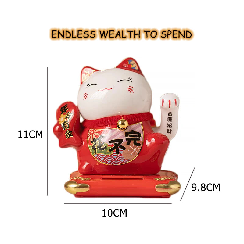 4.3 Inch Solar Powered Waving Ceramic Maneki-neko Lucky Beckoning Cat for Wealth Fortune, Home Office Decor, Gift for Prosperity