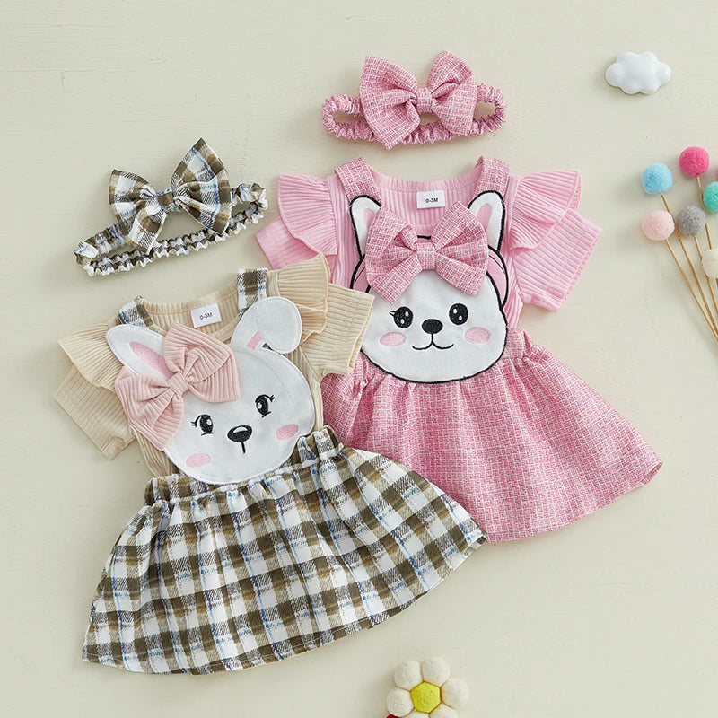 Toddler Girls 3-Piece Spring Outfits Short Sleeve Bodysuit Floral Skirt Headband Set Infant Clothes for Easter Party