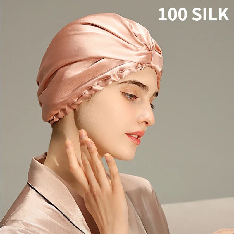 Trend 2026 Pure Silk Night Caps Mulberry Silk Sleeping Bonnet Hair Loss Hat Natural Silk Turban For Hair Sleeping Silk Headwrap
