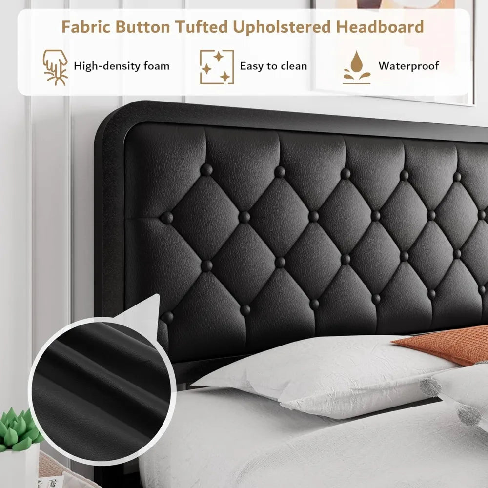 Double Bed Frame with Headboard, Faux Leather Upholstery, All-metal Bed Board Supporting Platform, 12 Inches of Under-bed Space