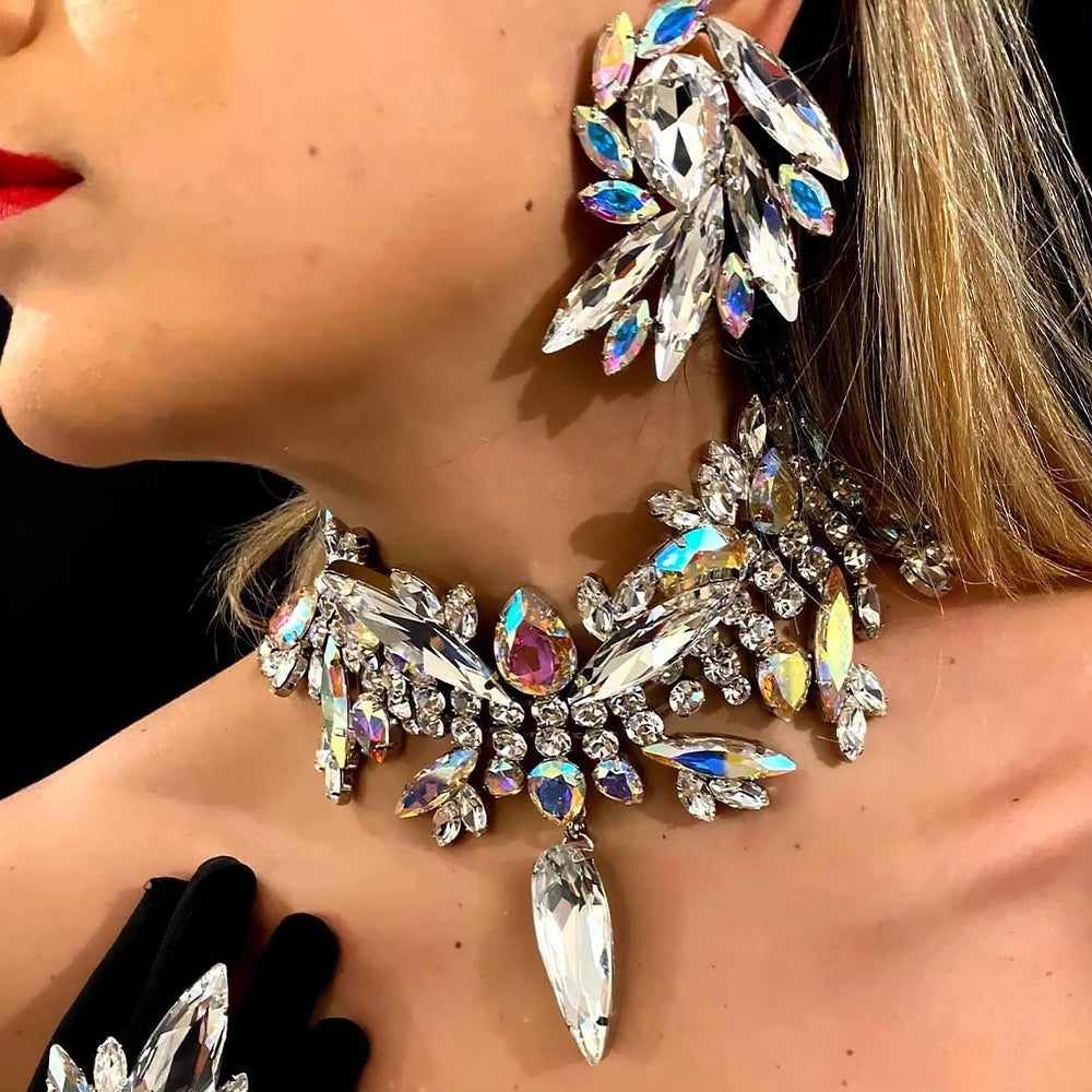 Stonefans Geometric Necklace Earrings Set Crystal Accessories for Women Party Bling Rhinestone Statement Jewelry Set Jewelry