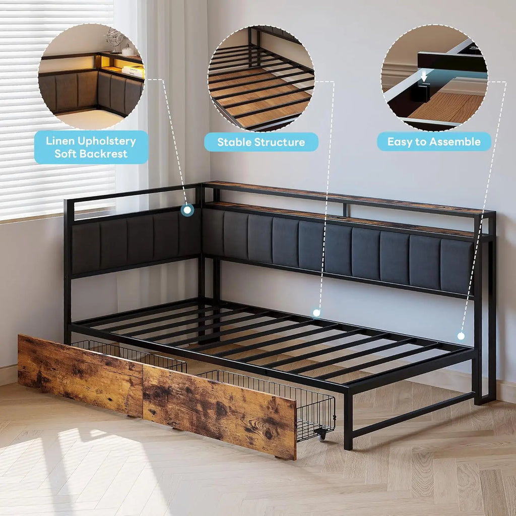 LIKIMIO Corner Bed Frame Twin/Full Daybed with Storage Drawers, Metal Platform Bed Frame with LED Light, Charging Station, Black