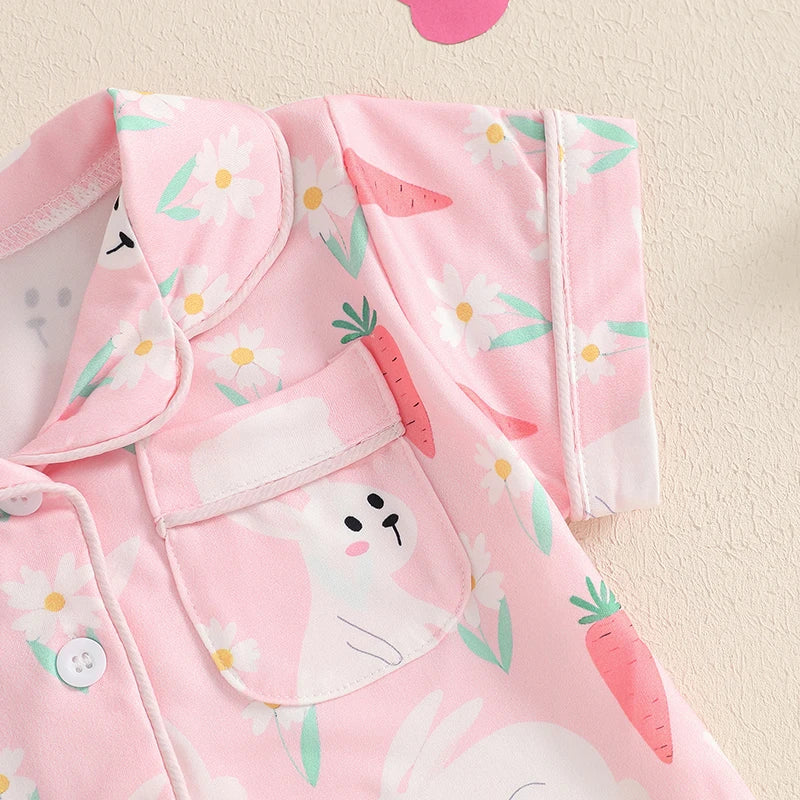 Adorable Toddler Girls Easter Bunny Pajama Set with Short Sleeve Top and Shorts for Spring Summer Loungewear - 2 Piece Set